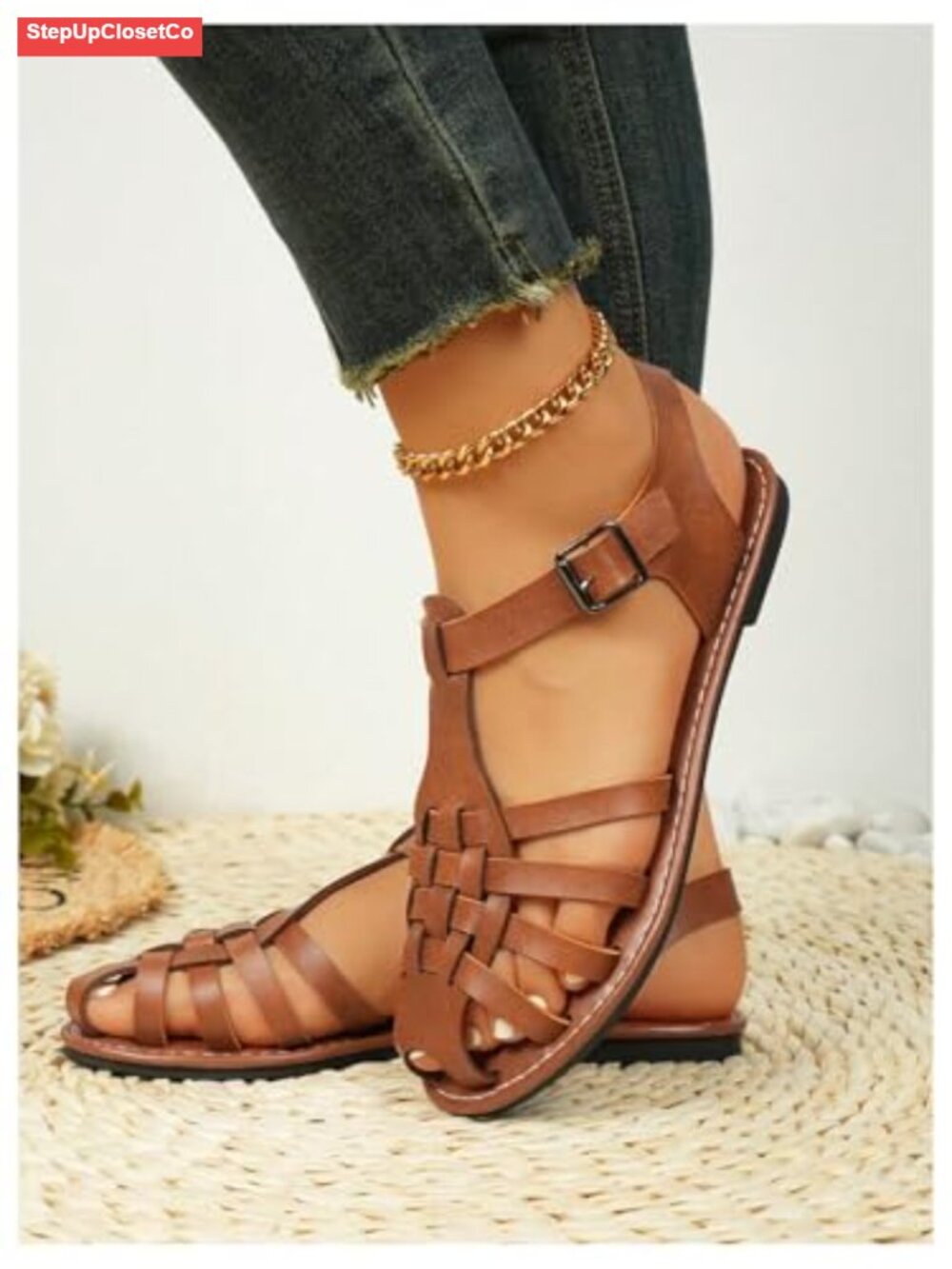 Closed Toe Flats Sandals Huaraches Faux Leather Fisherman Sandals - Picture 3 of 6
